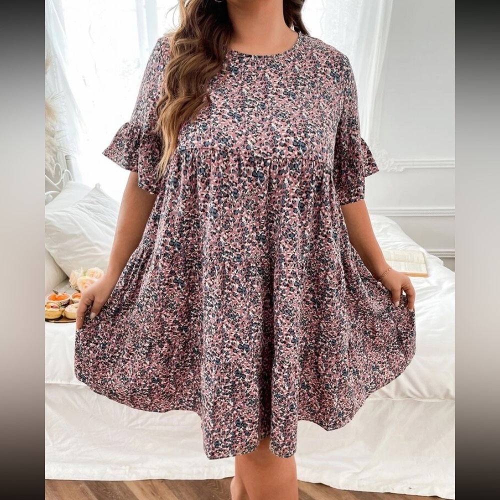 PLUS ALLOVER PRINT FLOUNCE SLEEVE RUFFLE HEM SMOCK DRESS